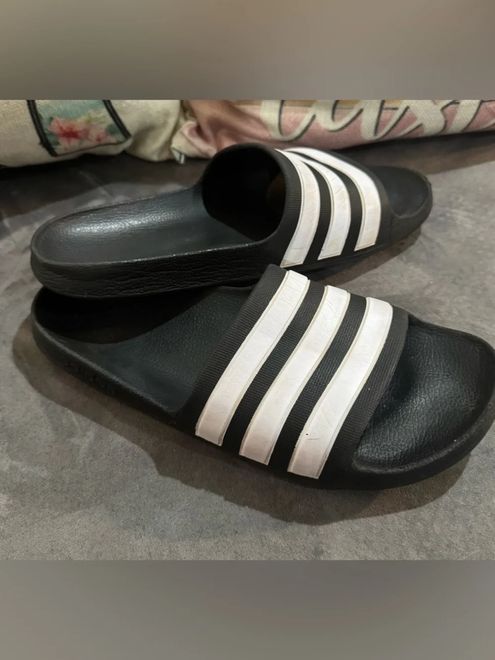 adidas Adilette Aqua Black Slide Sandals with White Stripe Accents - Picture 3 of 7